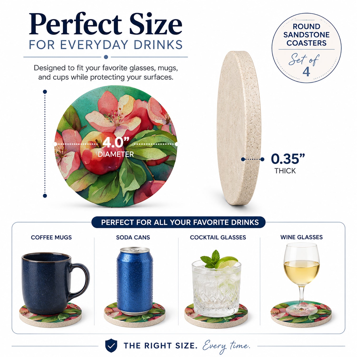 Arkansas Apple Blossom in Watercolor Large Sandstone Coasters Pack of 4 Absorbent Round Coasters Decor Gifts for Men or Women, 4 in, Multicolor