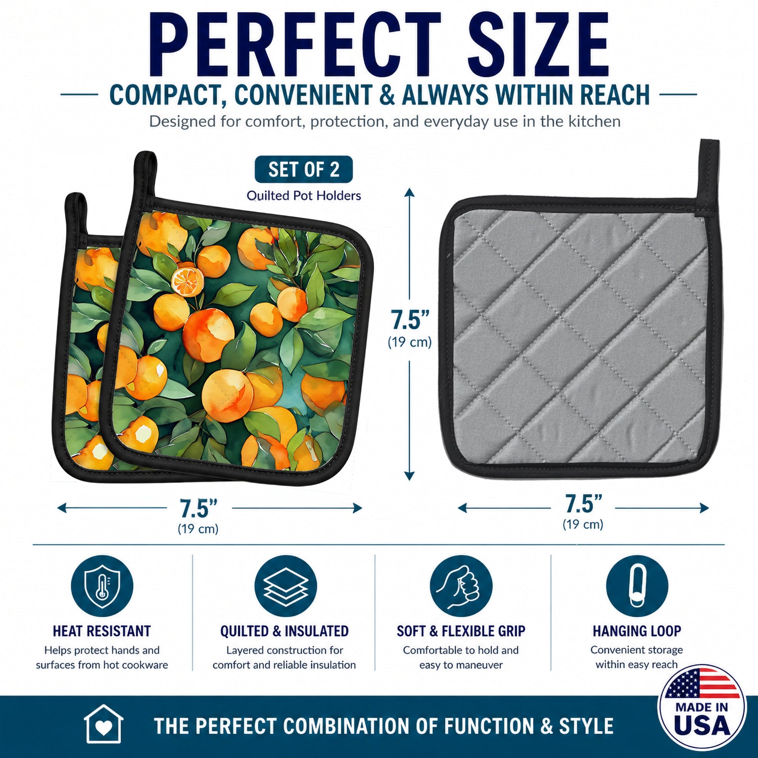 Florida Orange Blossom in Watercolor Pot Holder Set of 2 Heat Resistant Quilted Hot Pads 7.5 x 7.5 Inch, Insulated Kitchen Trivets for Cooking & Baking