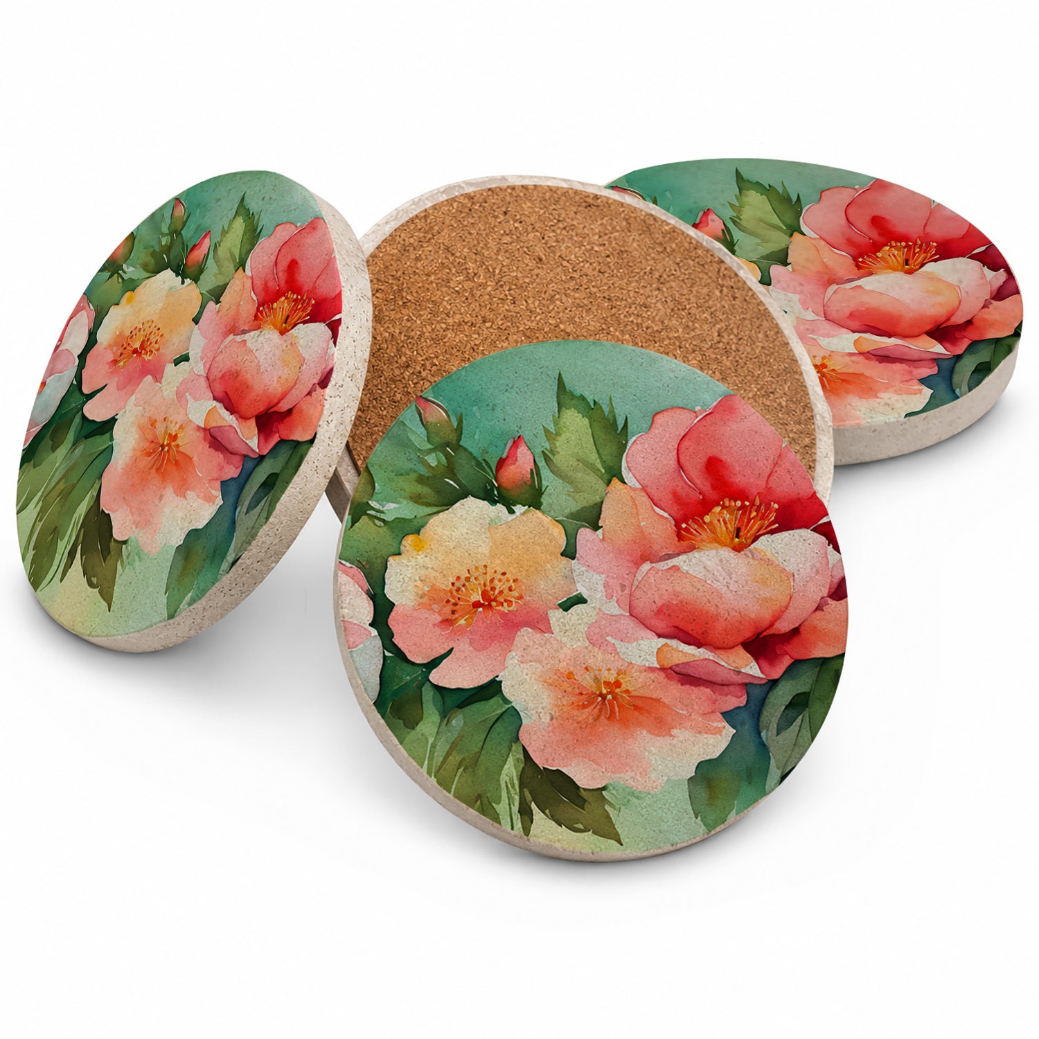 Georgia Cherokee Rose in Watercolor Large Sandstone Coasters Pack of 4 Absorbent Round Coasters Decor Gifts for Men or Women, 4 in, Multicolor