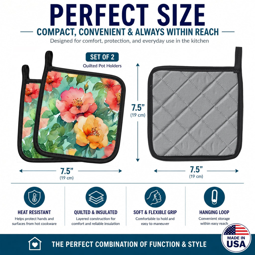 Georgia Cherokee Rose in Watercolor Pot Holder Set of 2 Heat Resistant Quilted Hot Pads 7.5 x 7.5 Inch, Insulated Kitchen Trivets for Cooking & Baking