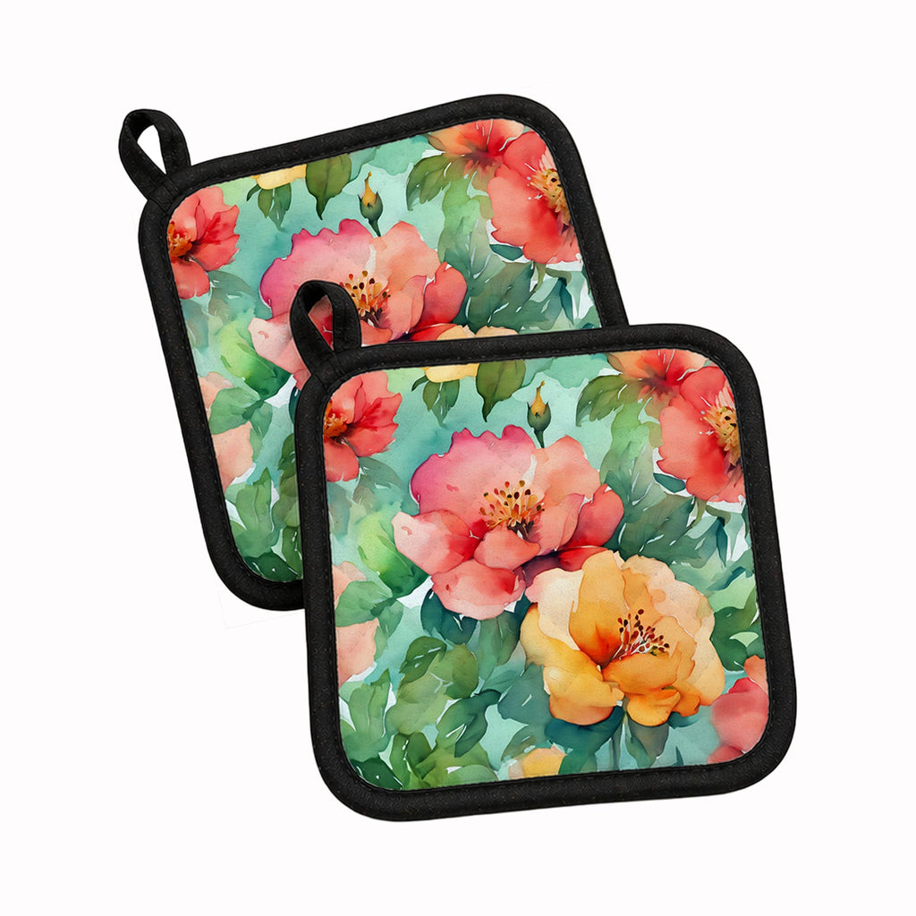 Georgia Cherokee Rose in Watercolor Pot Holder Set of 2 Heat Resistant Quilted Hot Pads 7.5 x 7.5 Inch, Insulated Kitchen Trivets for Cooking & Baking