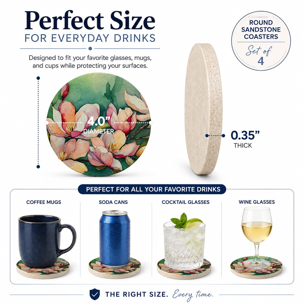 Louisiana Magnolias in Watercolor Large Sandstone Coasters Pack of 4 Absorbent Round Coasters Decor Gifts for Men or Women, 4 in, Multicolor