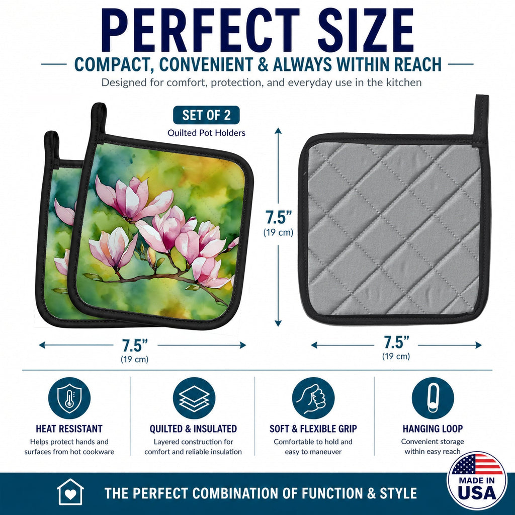 Mississippi Magnolia in Watercolor Pot Holder Set of 2 Heat Resistant Quilted Hot Pads 7.5 x 7.5 Inch, Insulated Kitchen Trivets for Cooking & Baking
