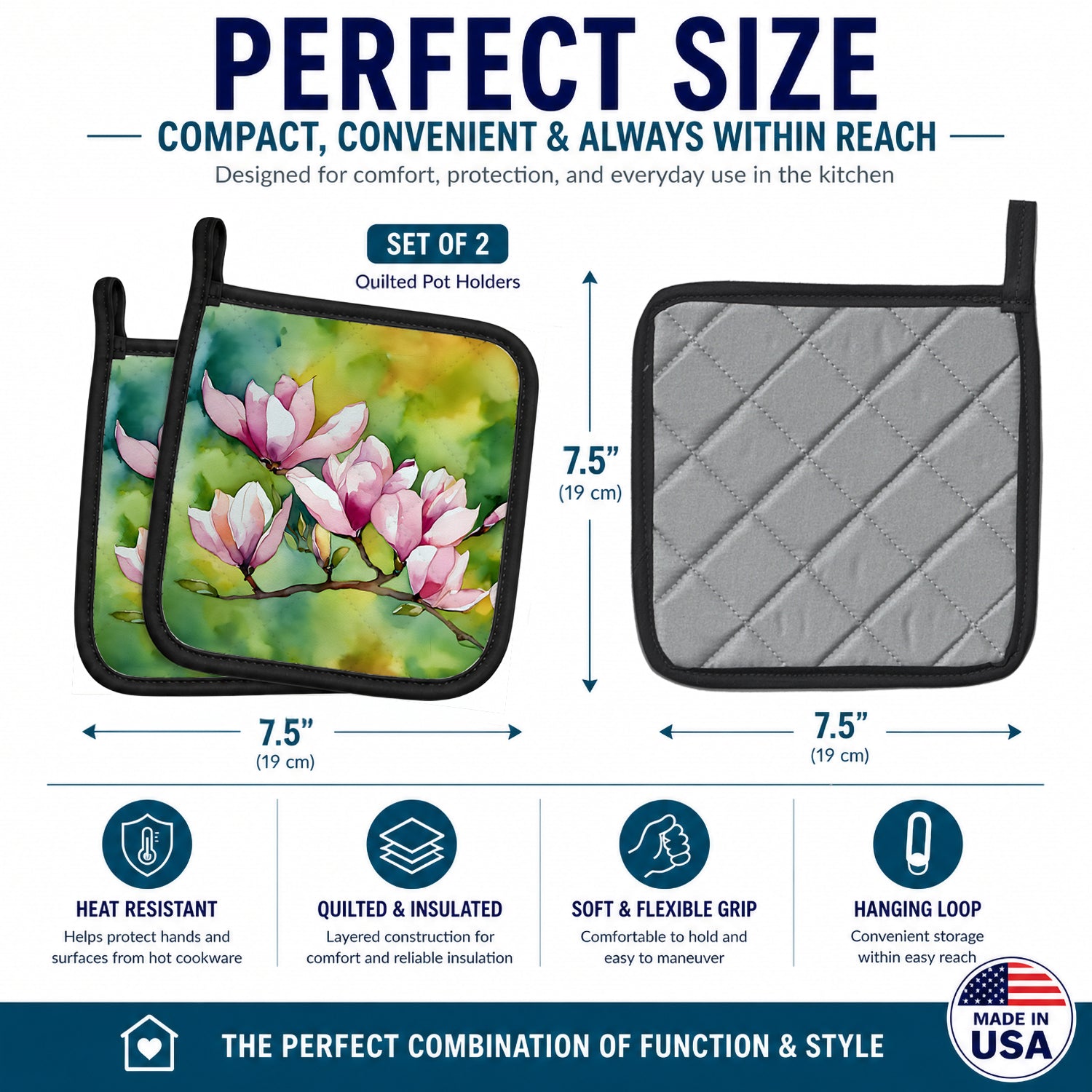 Mississippi Magnolia in Watercolor Pot Holder Set of 2 Heat Resistant Quilted Hot Pads 7.5 x 7.5 Inch, Insulated Kitchen Trivets for Cooking & Baking