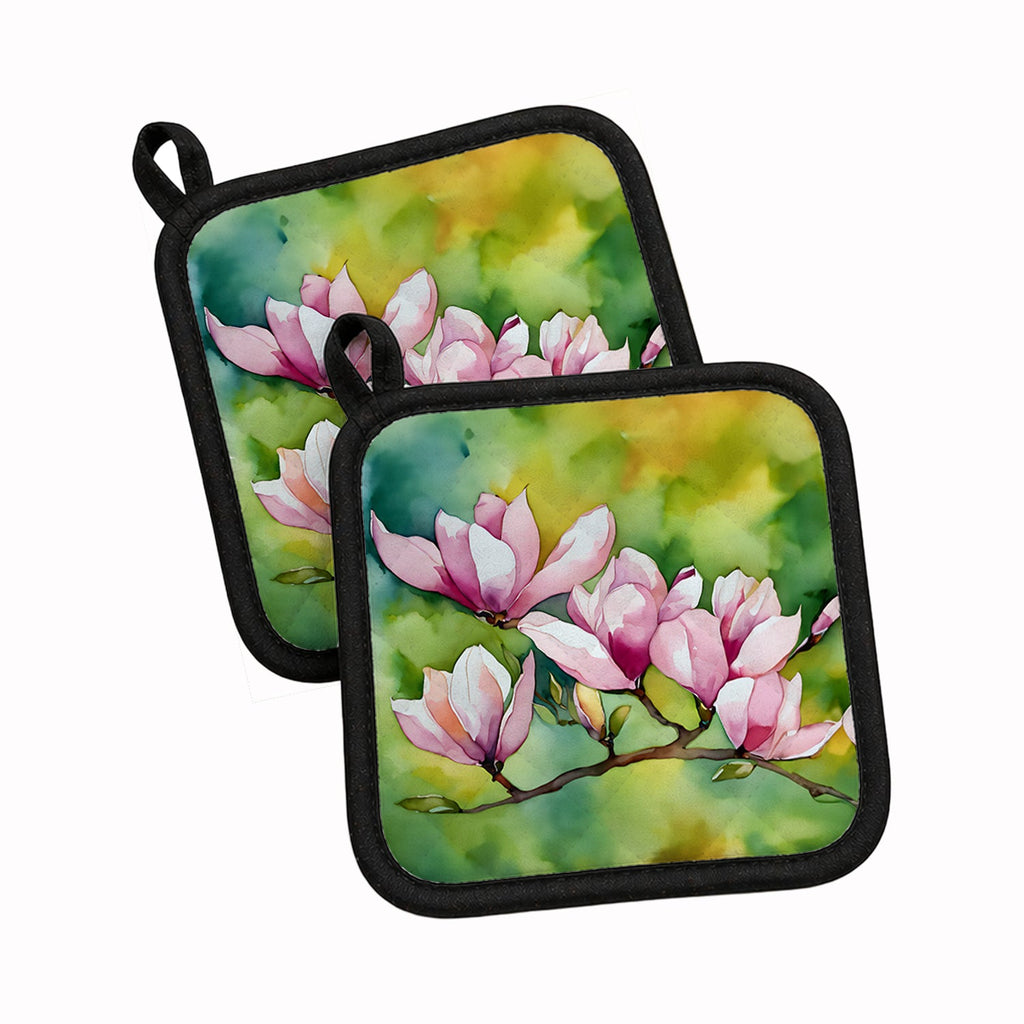 Mississippi Magnolia in Watercolor Pot Holder Set of 2 Heat Resistant Quilted Hot Pads 7.5 x 7.5 Inch, Insulated Kitchen Trivets for Cooking & Baking